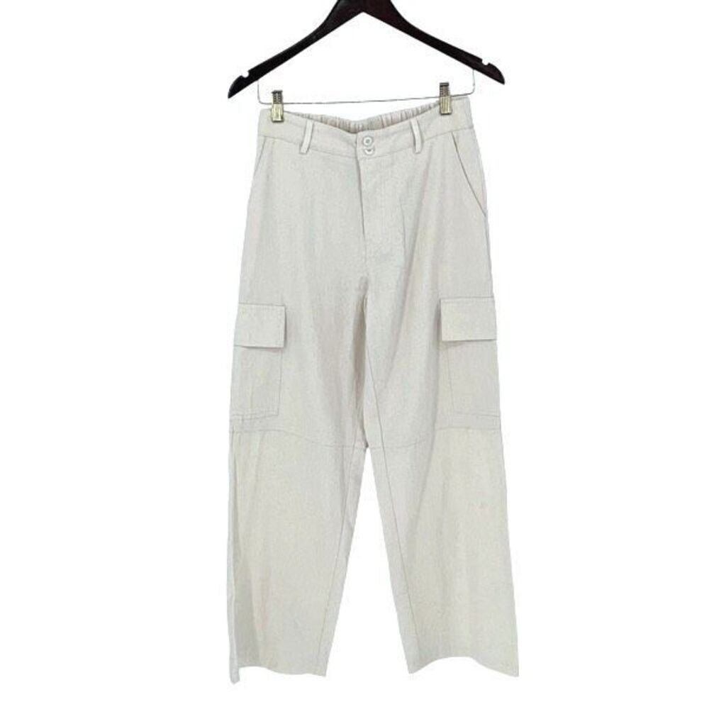 Papermoon Womens High Rise Elastic Waist Wide Leg Cargo Pants Cream Beige Small